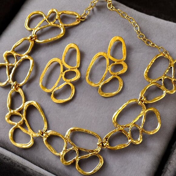 Gold Plated Chunky Minimal Necklace Earrings Set - Picture 1 of 3